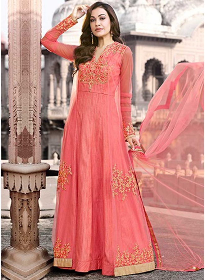 Tomato Red Embroidery Work Soft Net Fabric Wedding Wear Analkali Suit